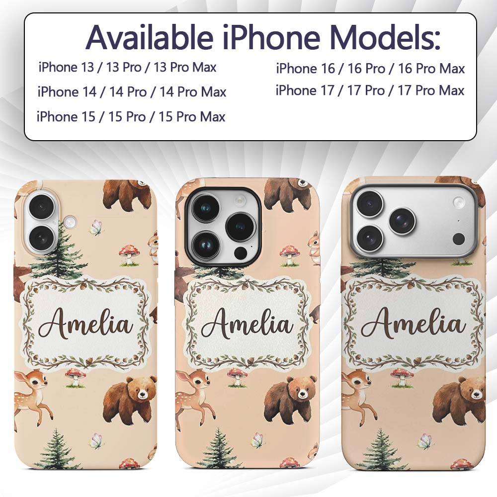 Forest Animals Bear Bunny Squirrel Trees on Warm Custom Name Protective Phone Case Mobile Cover Durable Everyday Smartphone Shock Resistant
