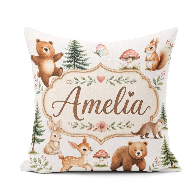 Custom Name Forest Animals Bear Deer Fox Owl Raccoon on Seamless Square Filled Cushion Throw Pillow Sofa Bed Home Decor Zip Washable UK Made