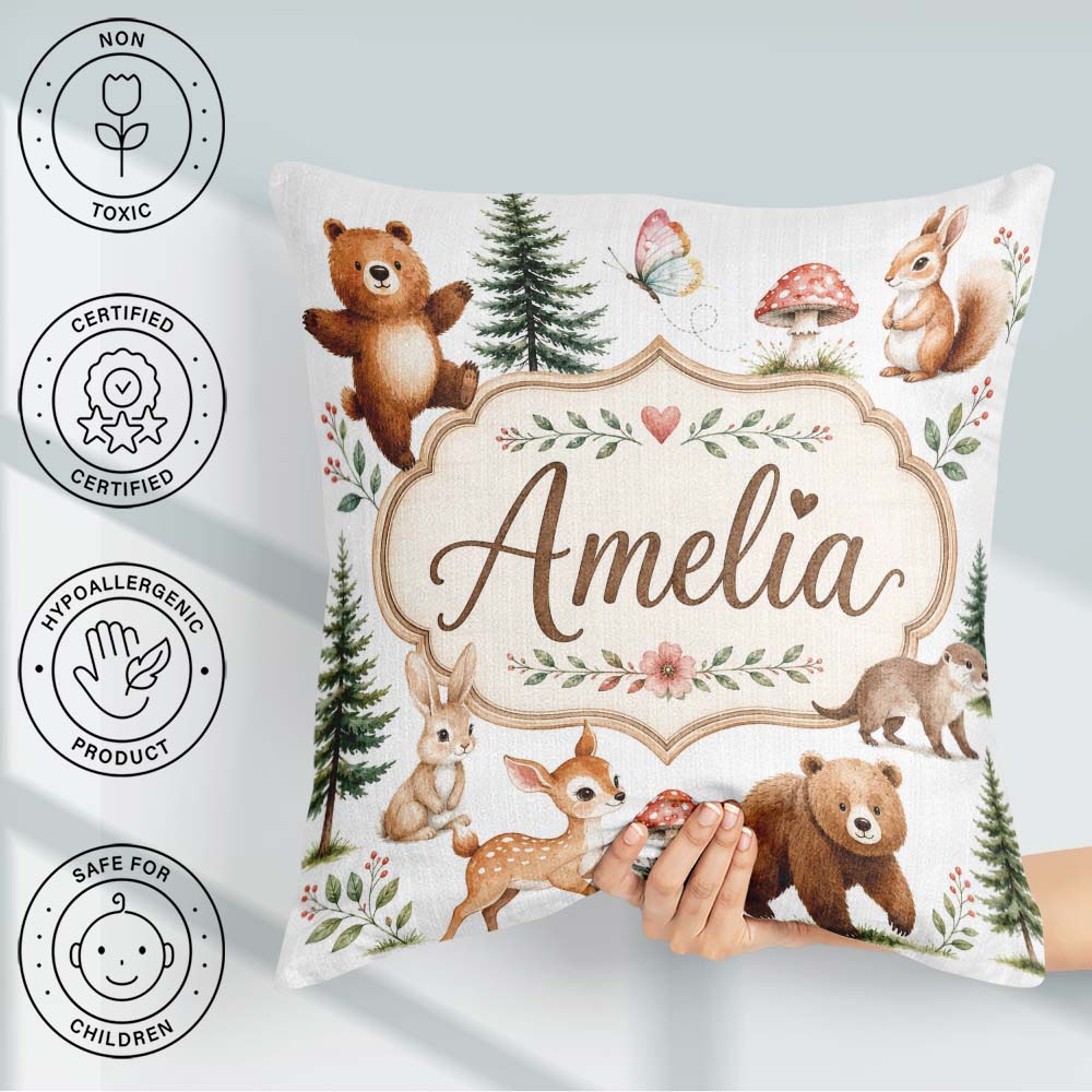 Custom Name Forest Animals Bear Deer Fox Owl Raccoon on Seamless Square Filled Cushion Throw Pillow Sofa Bed Home Decor Zip Washable UK Made