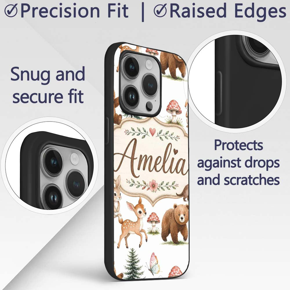 Forest Animals Bear Deer Fox Owl Raccoon on Soft Custom Name Protective Phone Case Mobile Cover Durable Everyday Smartphone Shock Resistant