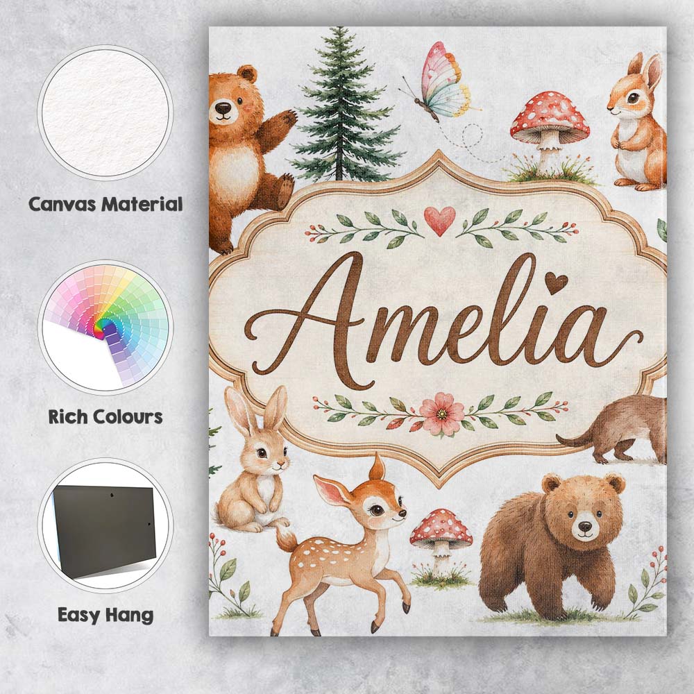 Personalised Name Forest Animals Bear Deer Custom  Unique Gift Idea Elegant Feature Canvas Wall Art Print Decor Picture Ready to Hang
