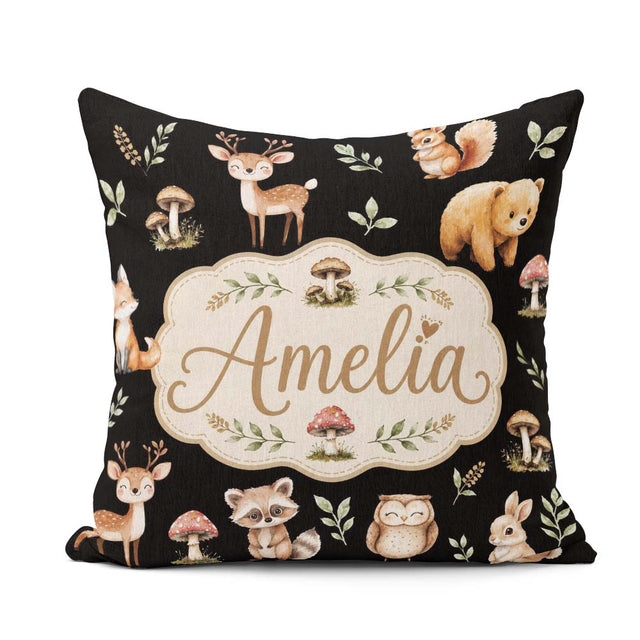 Custom Name Forest Animals Bear Deer Fox Owl Raccoon on Seamless Square Filled Cushion Throw Pillow Sofa Bed Home Decor Zip Washable UK Made