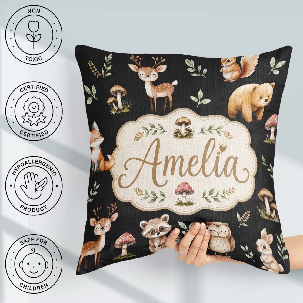 Custom Name Forest Animals Bear Deer Fox Owl Raccoon on Seamless Square Filled Cushion Throw Pillow Sofa Bed Home Decor Zip Washable UK Made