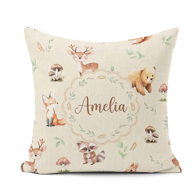 Custom Name Forest Animals Bear Deer Fox Owl Raccoon on Seamless Square Filled Cushion Throw Pillow Sofa Bed Home Decor Zip Washable UK Made
