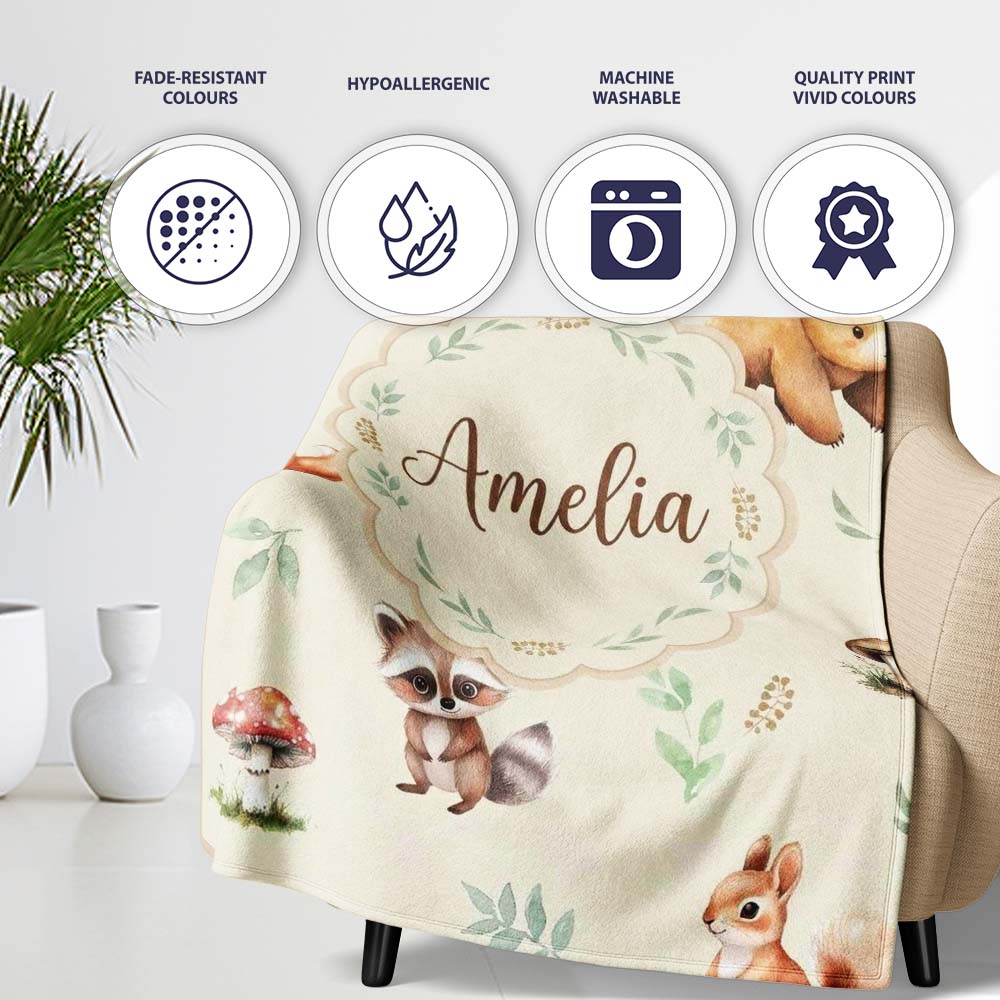 Forest Animals Bear Deer Fox Owl Raccoon on Warm Beige Seamless  Personalised Custom Name Super Soft Fleece Blanket Bed Sofa Throw