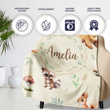 Forest Animals Bear Deer Fox Owl Raccoon on Warm Beige Seamless  Personalised Custom Name Super Soft Fleece Blanket Bed Sofa Throw