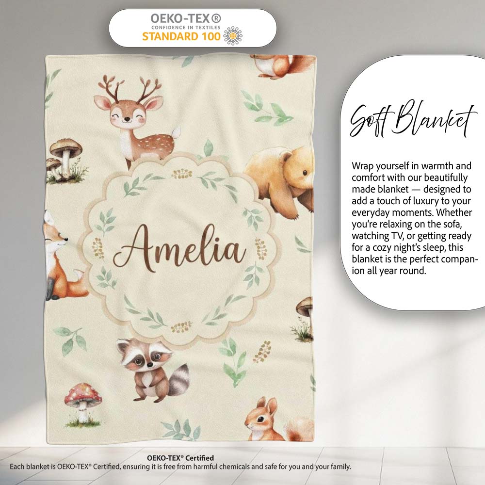 Forest Animals Bear Deer Fox Owl Raccoon on Warm Beige Seamless  Personalised Custom Name Super Soft Fleece Blanket Bed Sofa Throw