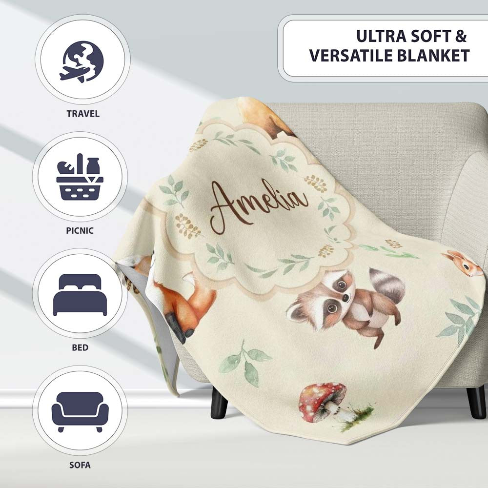 Forest Animals Bear Deer Fox Owl Raccoon on Warm Beige Seamless  Personalised Custom Name Super Soft Fleece Blanket Bed Sofa Throw