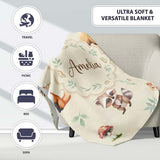 Forest Animals Bear Deer Fox Owl Raccoon on Warm Beige Seamless  Personalised Custom Name Super Soft Fleece Blanket Bed Sofa Throw