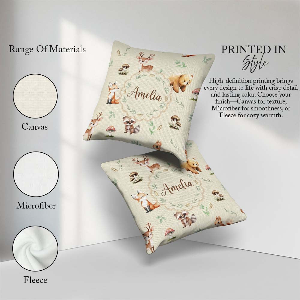 Custom Name Forest Animals Bear Deer Fox Owl Raccoon on Seamless Square Filled Cushion Throw Pillow Sofa Bed Home Decor Zip Washable UK Made