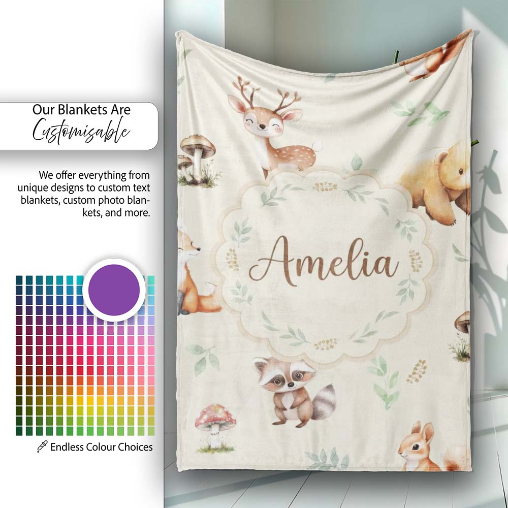 Forest Animals Bear Deer Fox Owl Raccoon on Warm Beige Seamless  Personalised Custom Name Super Soft Fleece Blanket Bed Sofa Throw