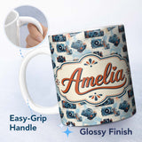 Personalized Custom Name Vintage Camera Pattern with Paint Splash Effect Light Background 11oz Ceramic Coffee Tea Mug White Large Handle