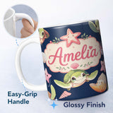 Personalized Custom Name Cute Sea Turtle Starfish Shell Kawaii Ocean Seamless Pattern Navy 11oz Ceramic Coffee Tea Mug White Large Handle