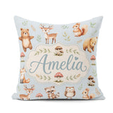 Custom Name Forest Animals Bear Deer Fox Owl Raccoon on Seamless Square Filled Cushion Throw Pillow Sofa Bed Home Decor Zip Washable UK Made