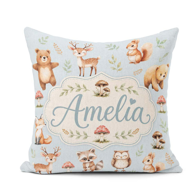 Custom Name Forest Animals Bear Deer Fox Owl Raccoon on Seamless Square Filled Cushion Throw Pillow Sofa Bed Home Decor Zip Washable UK Made