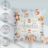 Custom Name Forest Animals Bear Deer Fox Owl Raccoon on Seamless Square Filled Cushion Throw Pillow Sofa Bed Home Decor Zip Washable UK Made