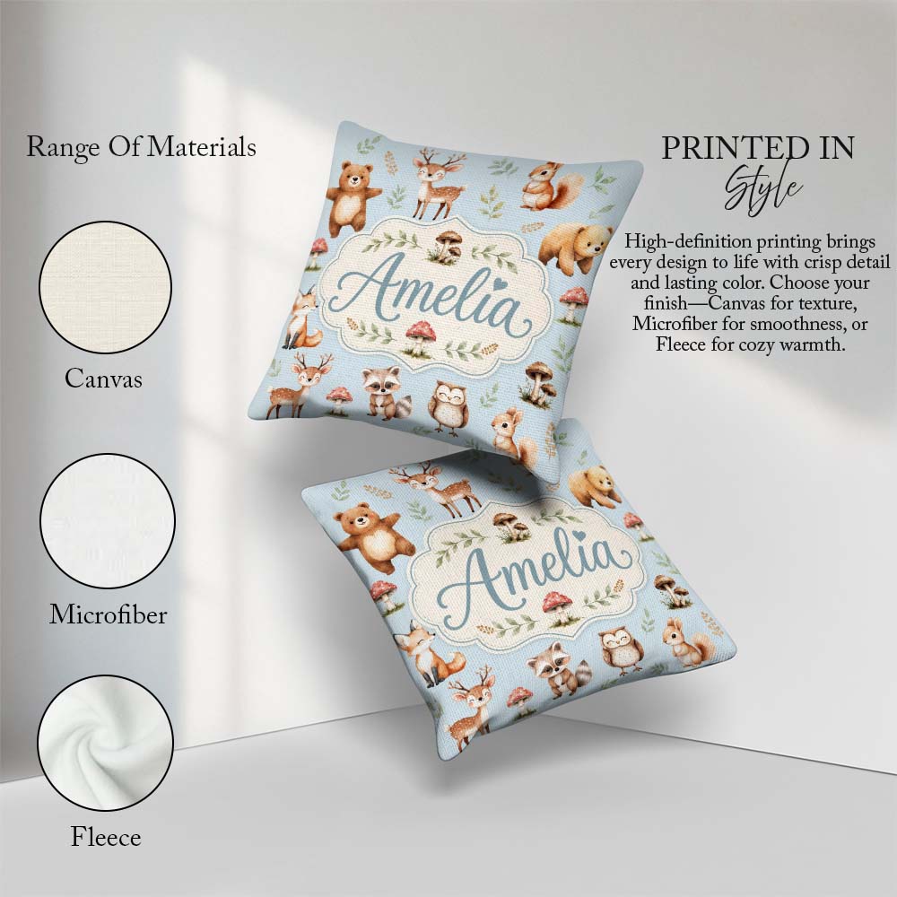 Custom Name Forest Animals Bear Deer Fox Owl Raccoon on Seamless Square Filled Cushion Throw Pillow Sofa Bed Home Decor Zip Washable UK Made