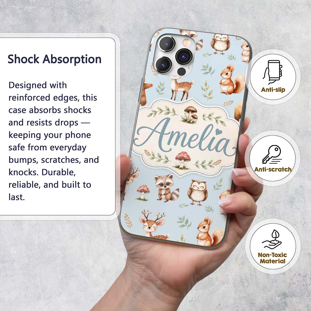 Forest Animals Bear Deer Fox Owl Raccoon on Soft Custom Name Protective Phone Case Mobile Cover Durable Everyday Smartphone Shock Resistant