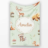 Forest Animals Bear Deer Fox Owl Raccoon on Sage Green Seamless  Personalised Custom Name Super Soft Fleece Blanket Bed Sofa Throw