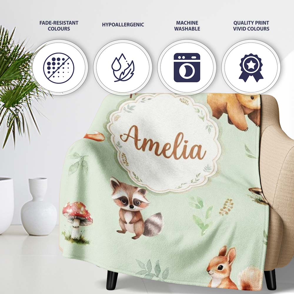 Forest Animals Bear Deer Fox Owl Raccoon on Sage Green Seamless  Personalised Custom Name Super Soft Fleece Blanket Bed Sofa Throw