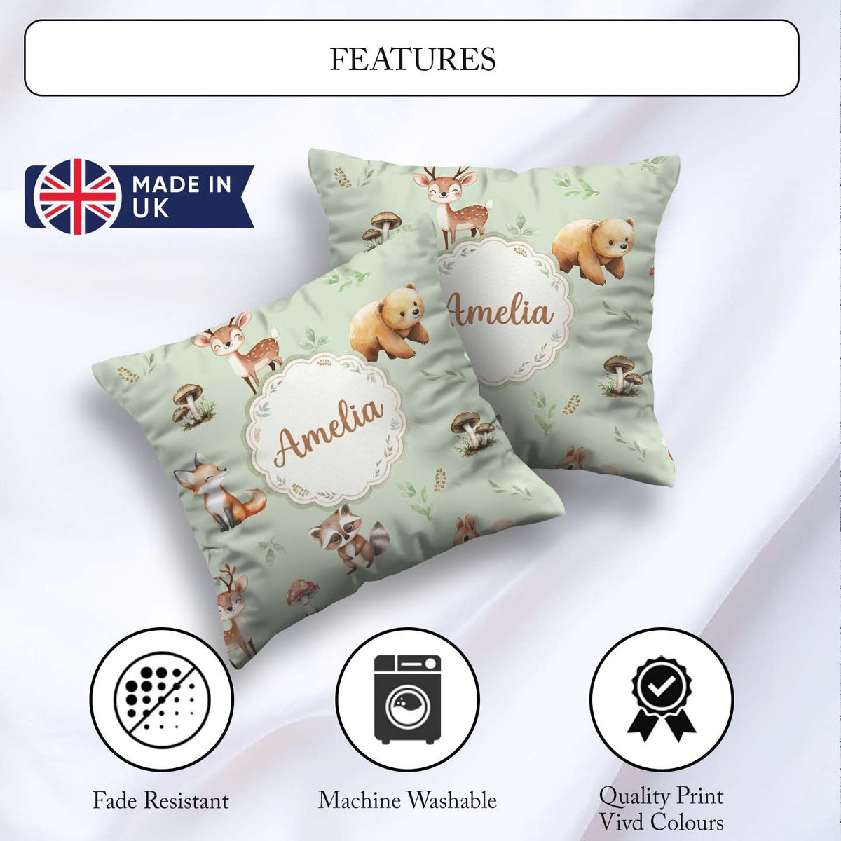 Custom Name Forest Animals Bear Deer Fox Owl Raccoon on Seamless Square Filled Cushion Throw Pillow Sofa Bed Home Decor Zip Washable UK Made
