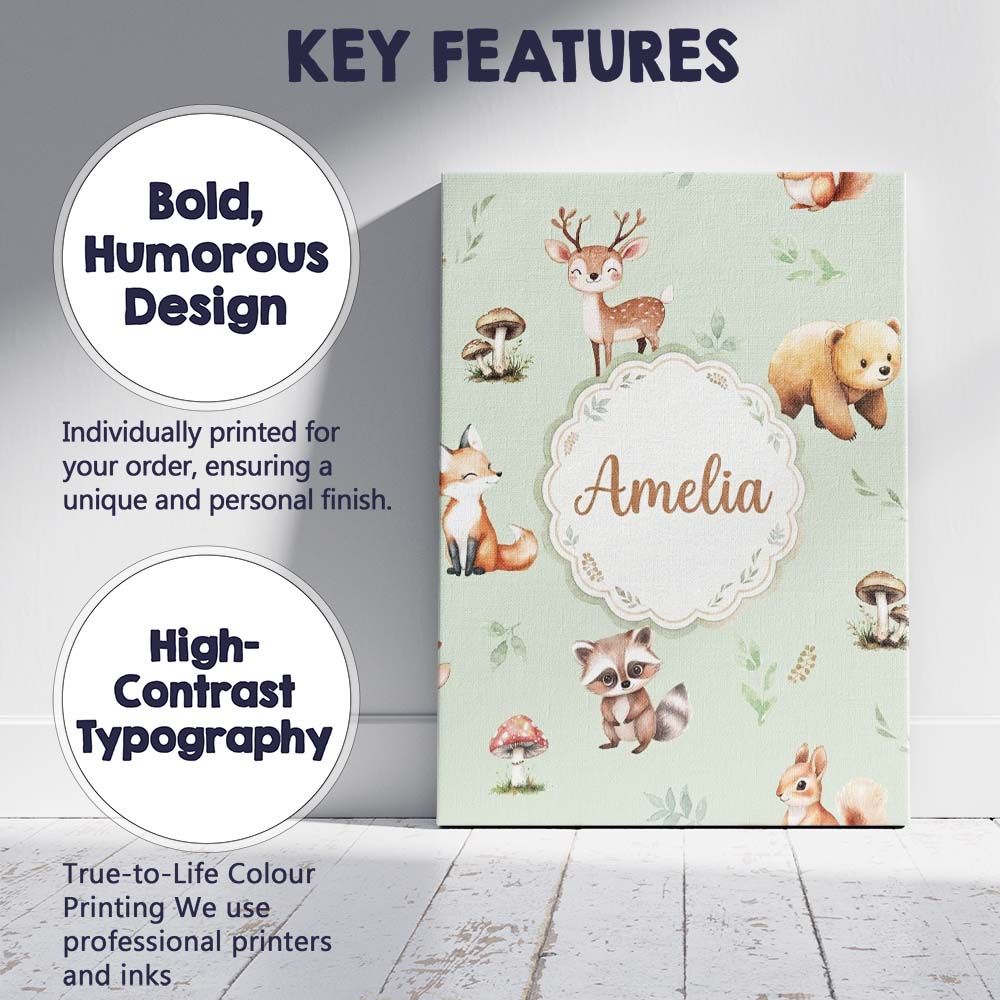 Personalised Name Forest Animals Bear Deer Custom  Unique Gift Idea Elegant Feature Canvas Wall Art Print Decor Picture Ready to Hang