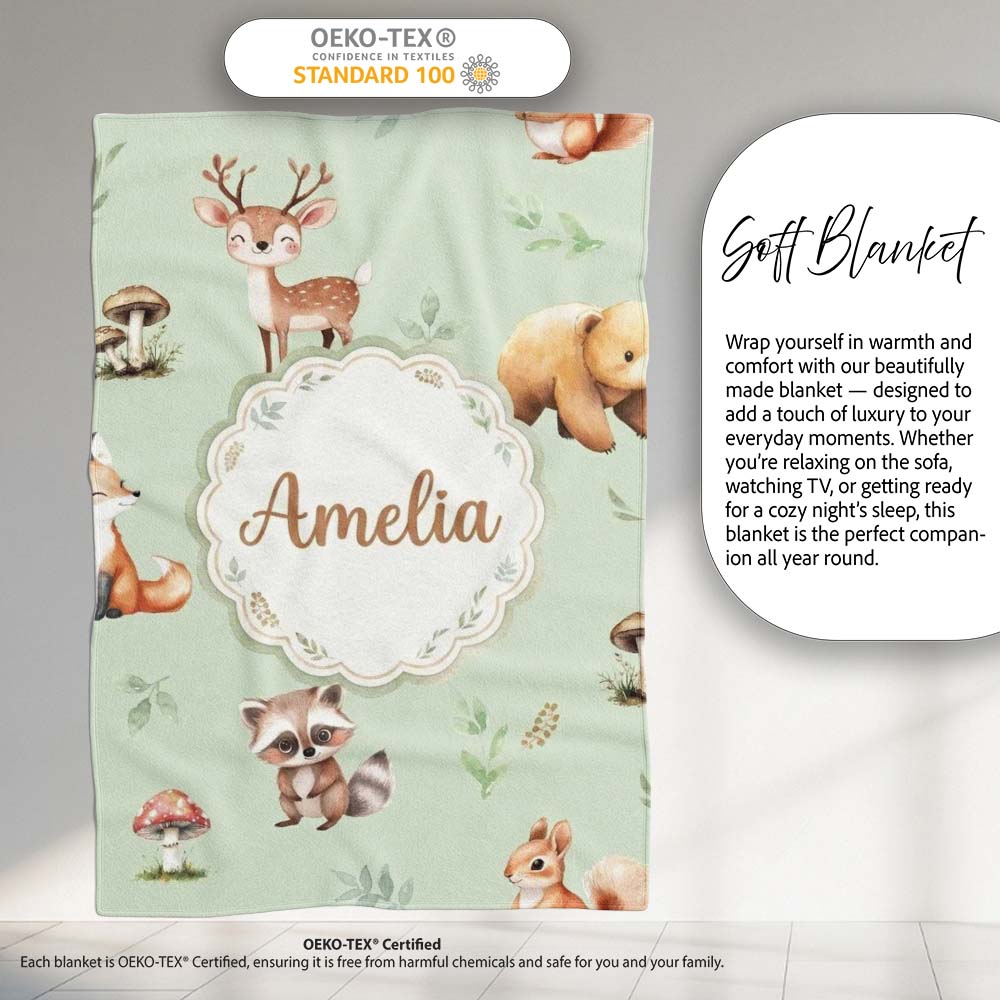 Forest Animals Bear Deer Fox Owl Raccoon on Sage Green Seamless  Personalised Custom Name Super Soft Fleece Blanket Bed Sofa Throw