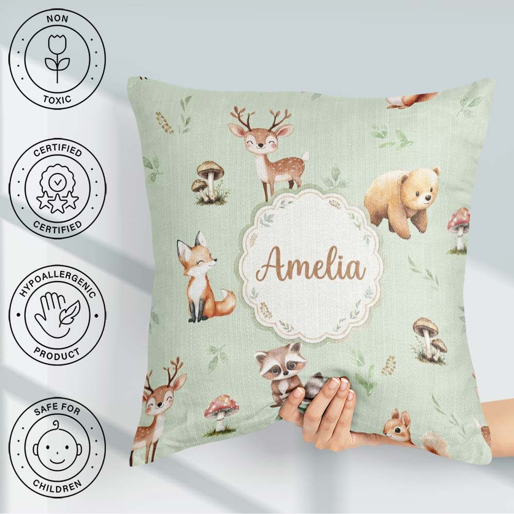 Custom Name Forest Animals Bear Deer Fox Owl Raccoon on Seamless Square Filled Cushion Throw Pillow Sofa Bed Home Decor Zip Washable UK Made