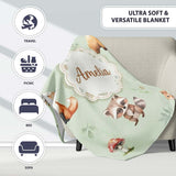 Forest Animals Bear Deer Fox Owl Raccoon on Sage Green Seamless  Personalised Custom Name Super Soft Fleece Blanket Bed Sofa Throw