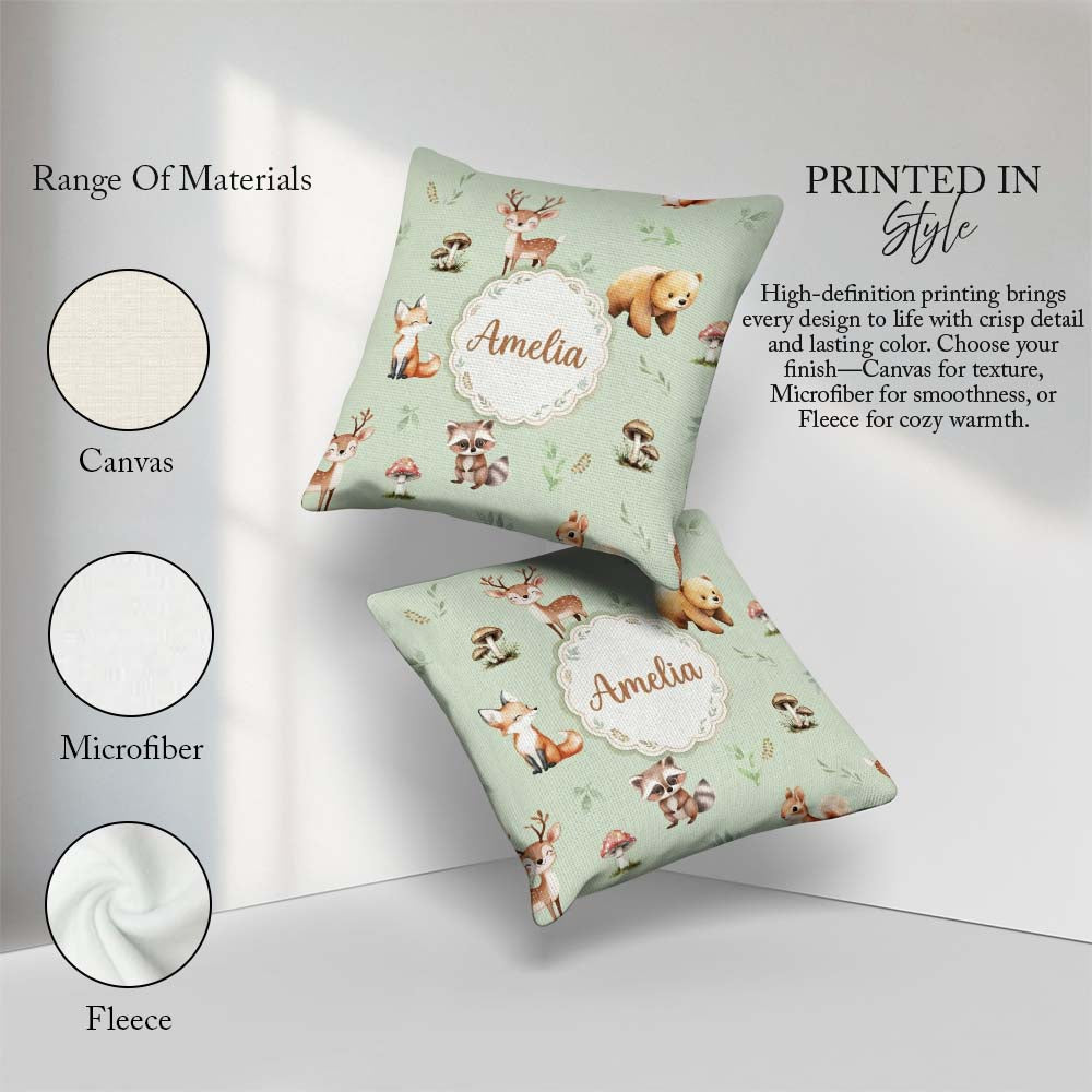 Custom Name Forest Animals Bear Deer Fox Owl Raccoon on Seamless Square Filled Cushion Throw Pillow Sofa Bed Home Decor Zip Washable UK Made
