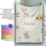 Forest Animals Bear Deer Fox Owl Raccoon on Sage Green Seamless  Personalised Custom Name Super Soft Fleece Blanket Bed Sofa Throw
