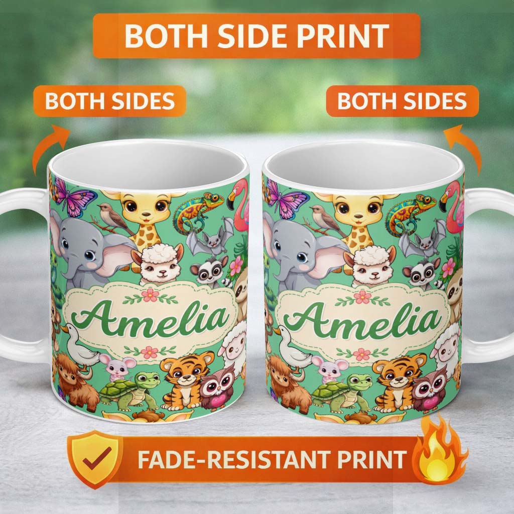 Personalized Custom Name Cute Cartoon Jungle Safari Animals Seamless Pattern on Green Lovely 11oz Ceramic Coffee Tea Mug White Large Handle