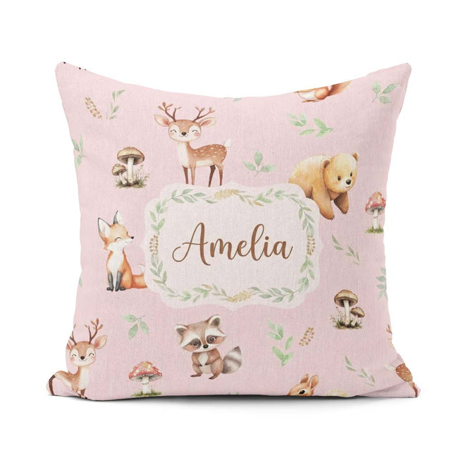 Custom Name Forest Animals Bear Deer Fox Owl Raccoon on Seamless Square Filled Cushion Throw Pillow Sofa Bed Home Decor Zip Washable UK Made