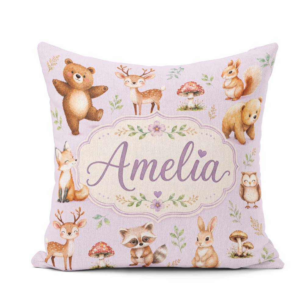 Custom Name Forest Animals Deer Bear Fox Owl Raccoon on Lavender Square Filled Cushion Throw Pillow Sofa Bed Home Decor Zip Washable UK Made