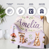 Forest Animals Deer Bear Fox Owl Raccoon on Soft Lavender Seamless  Personalised Custom Name Super Soft Fleece Blanket Bed Sofa Throw