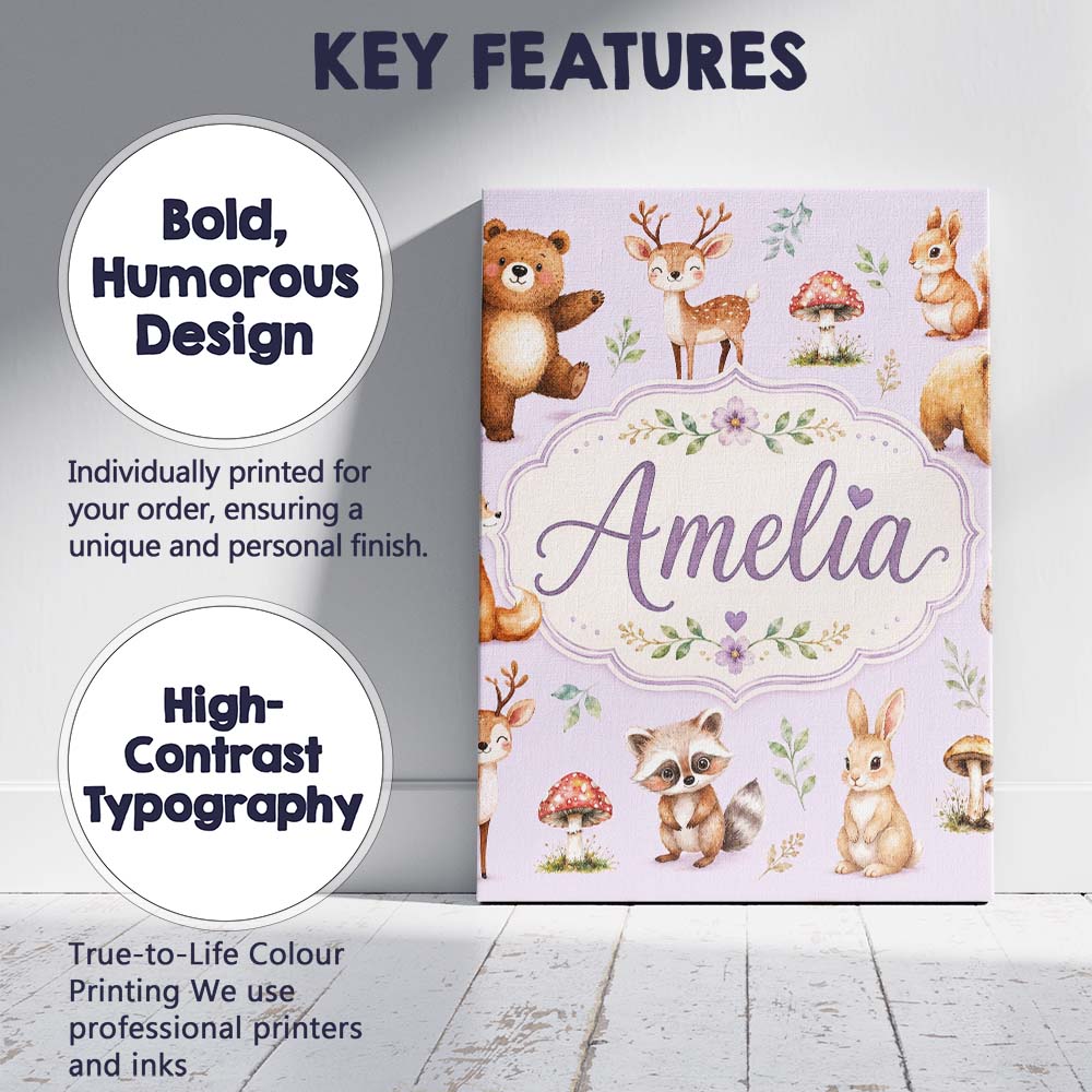 Personalised Name Forest Animals Deer Bear Custom  Unique Gift Idea Elegant Feature Canvas Wall Art Print Decor Picture Ready to Hang