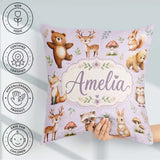 Custom Name Forest Animals Deer Bear Fox Owl Raccoon on Lavender Square Filled Cushion Throw Pillow Sofa Bed Home Decor Zip Washable UK Made