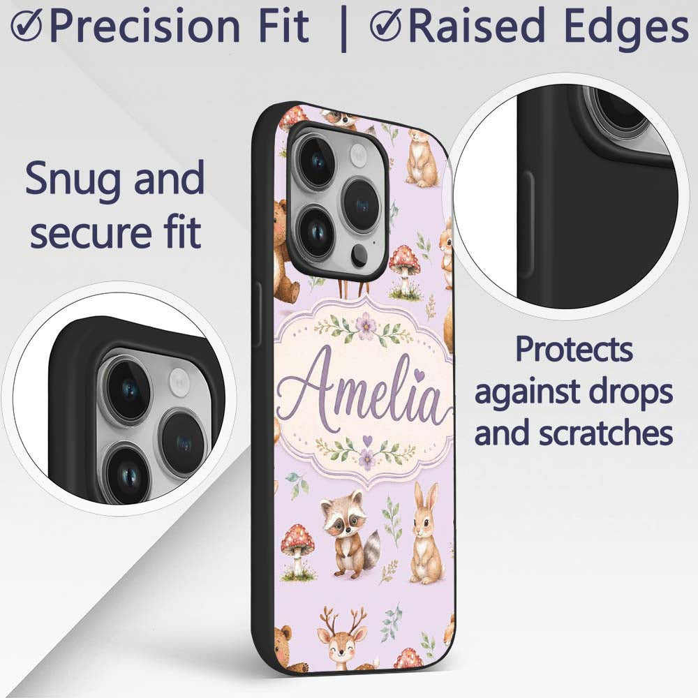 Forest Animals Deer Bear Fox Owl Raccoon on Soft Custom Name Protective Phone Case Mobile Cover Durable Everyday Smartphone Shock Resistant