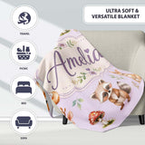 Forest Animals Deer Bear Fox Owl Raccoon on Soft Lavender Seamless  Personalised Custom Name Super Soft Fleece Blanket Bed Sofa Throw