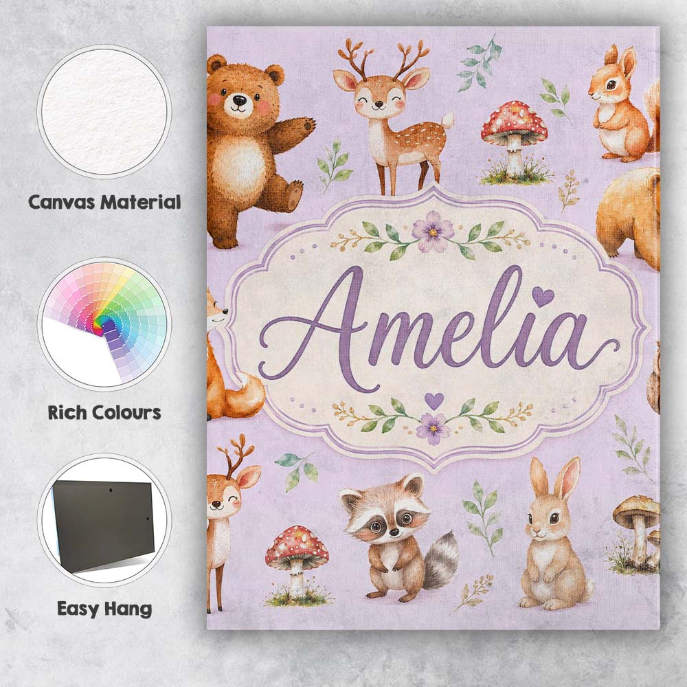 Personalised Name Forest Animals Deer Bear Custom  Unique Gift Idea Elegant Feature Canvas Wall Art Print Decor Picture Ready to Hang