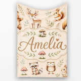 Forest Animals Deer Bear Fox Owl Raccoon on Warm Beige Seamless  Personalised Custom Name Super Soft Fleece Blanket Bed Sofa Throw