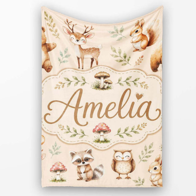 Forest Animals Deer Bear Fox Owl Raccoon on Warm Beige Seamless  Personalised Custom Name Super Soft Fleece Blanket Bed Sofa Throw