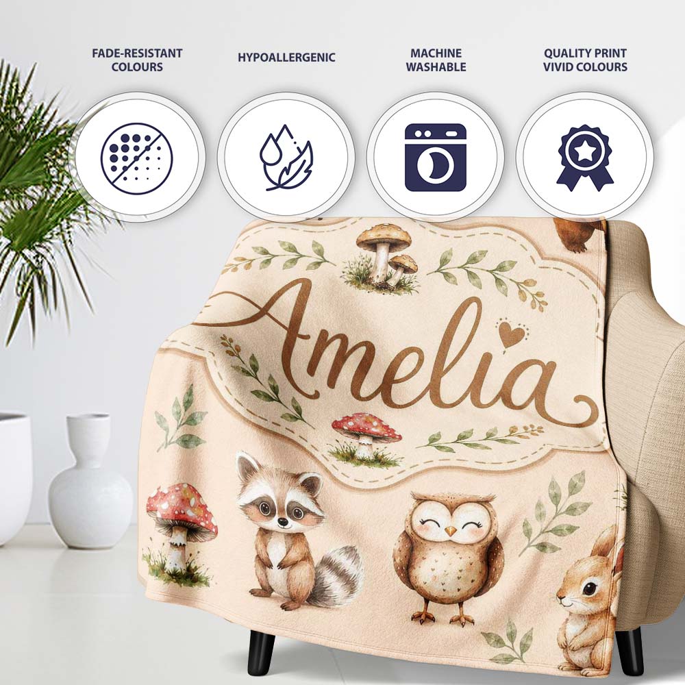 Forest Animals Deer Bear Fox Owl Raccoon on Warm Beige Seamless  Personalised Custom Name Super Soft Fleece Blanket Bed Sofa Throw