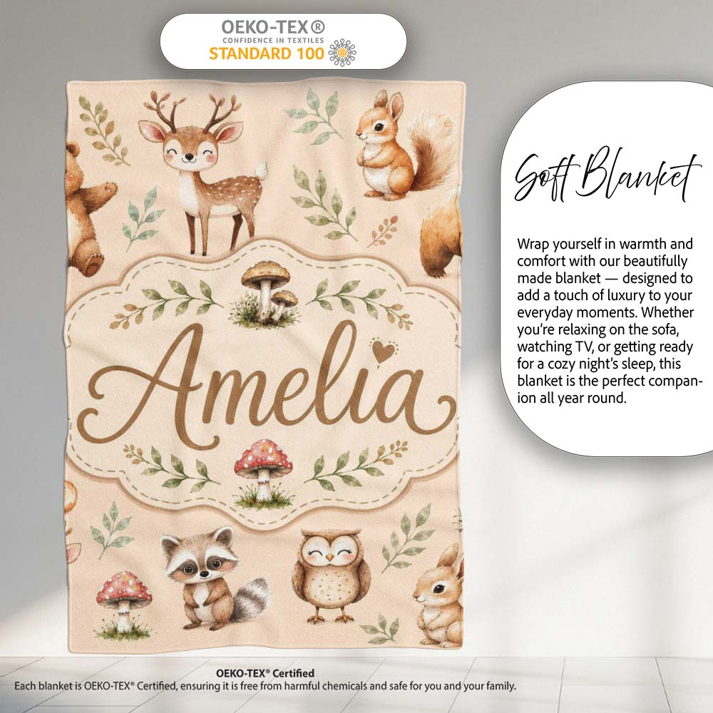 Forest Animals Deer Bear Fox Owl Raccoon on Warm Beige Seamless  Personalised Custom Name Super Soft Fleece Blanket Bed Sofa Throw