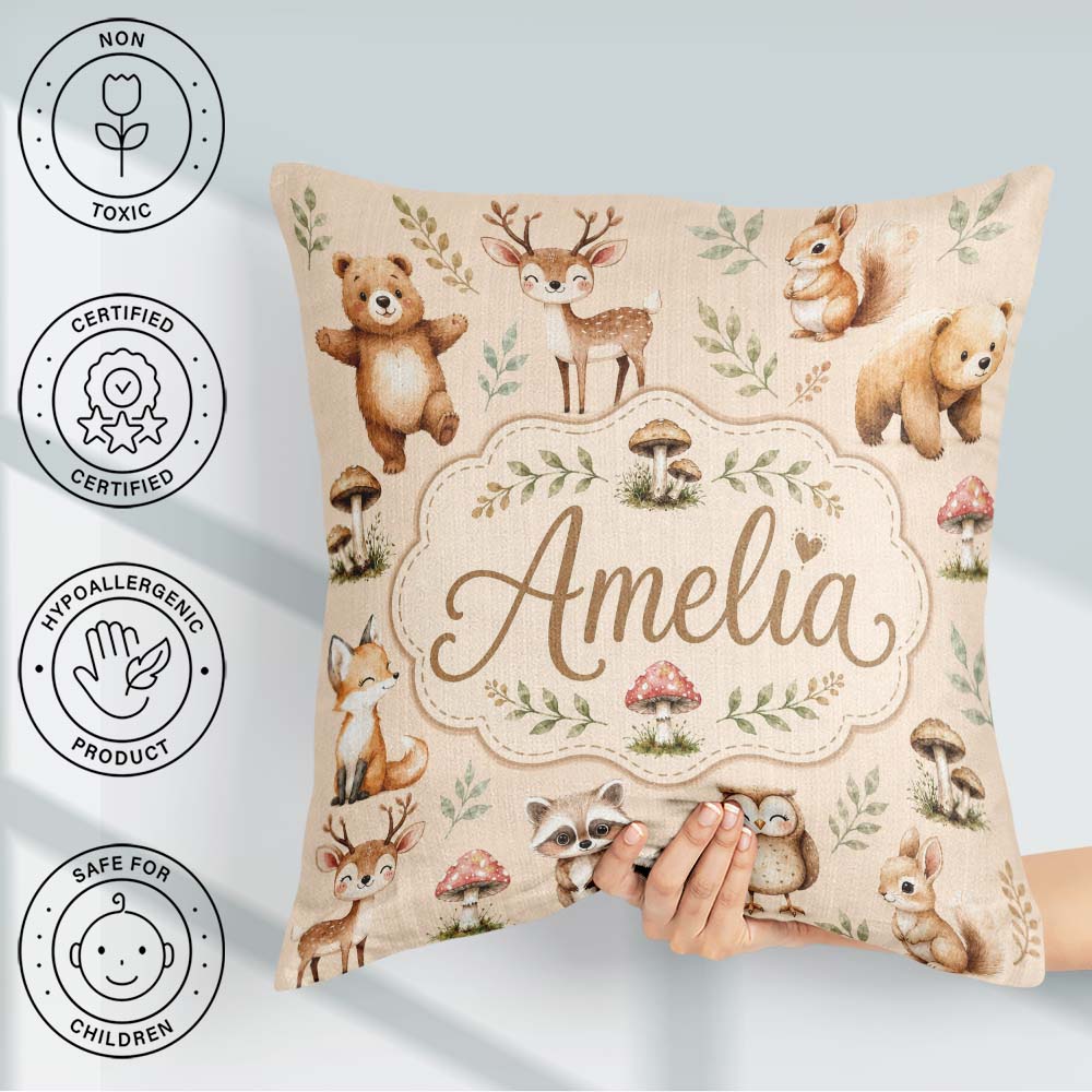 Custom Name Forest Animals Deer Bear Fox Owl Raccoon on Seamless Square Filled Cushion Throw Pillow Sofa Bed Home Decor Zip Washable UK Made