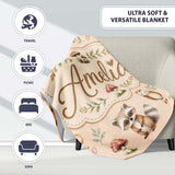 Forest Animals Deer Bear Fox Owl Raccoon on Warm Beige Seamless  Personalised Custom Name Super Soft Fleece Blanket Bed Sofa Throw