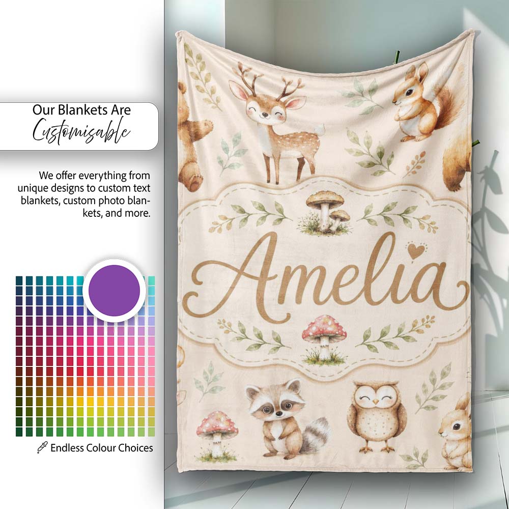Forest Animals Deer Bear Fox Owl Raccoon on Warm Beige Seamless  Personalised Custom Name Super Soft Fleece Blanket Bed Sofa Throw