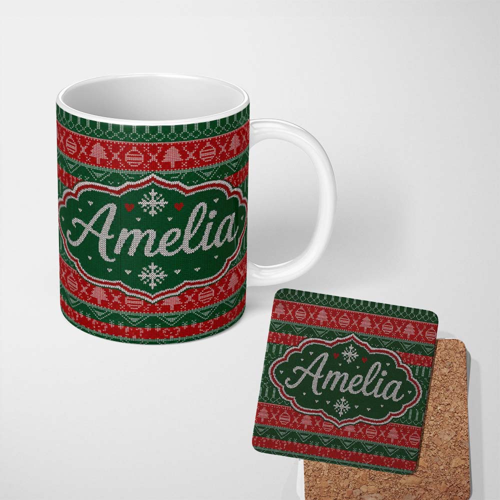Personalized Custom Name Red Green Nordic Christmas Ornament Tree Heart Knit Seamless Pattern 11oz Ceramic Coffee Tea Mug White Large Handle