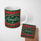 Personalized Custom Name Red Green Nordic Christmas Ornament Tree Heart Knit Seamless Pattern 11oz Ceramic Coffee Tea Mug White Large Handle