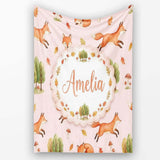 Woodland Fox with Trees Leaves Mushrooms Soft Blush Seamless  Personalised Custom Name Super Soft Fleece Blanket Bed Sofa Throw